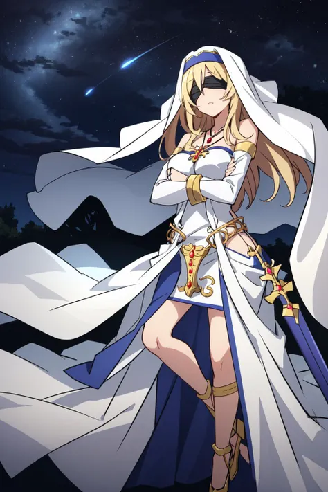 (masterpiece, best quality),  intricate details,
1girl,     <lora:sword_maiden-10:0.8> sword_maiden, long hair, large breasts, blindfold, dress, white dress, habit, jewelry, very long hair, black blindfold, necklace, bridal gauntlets, detached sleeves, gloves
outdoors, village, night time, starry sky,