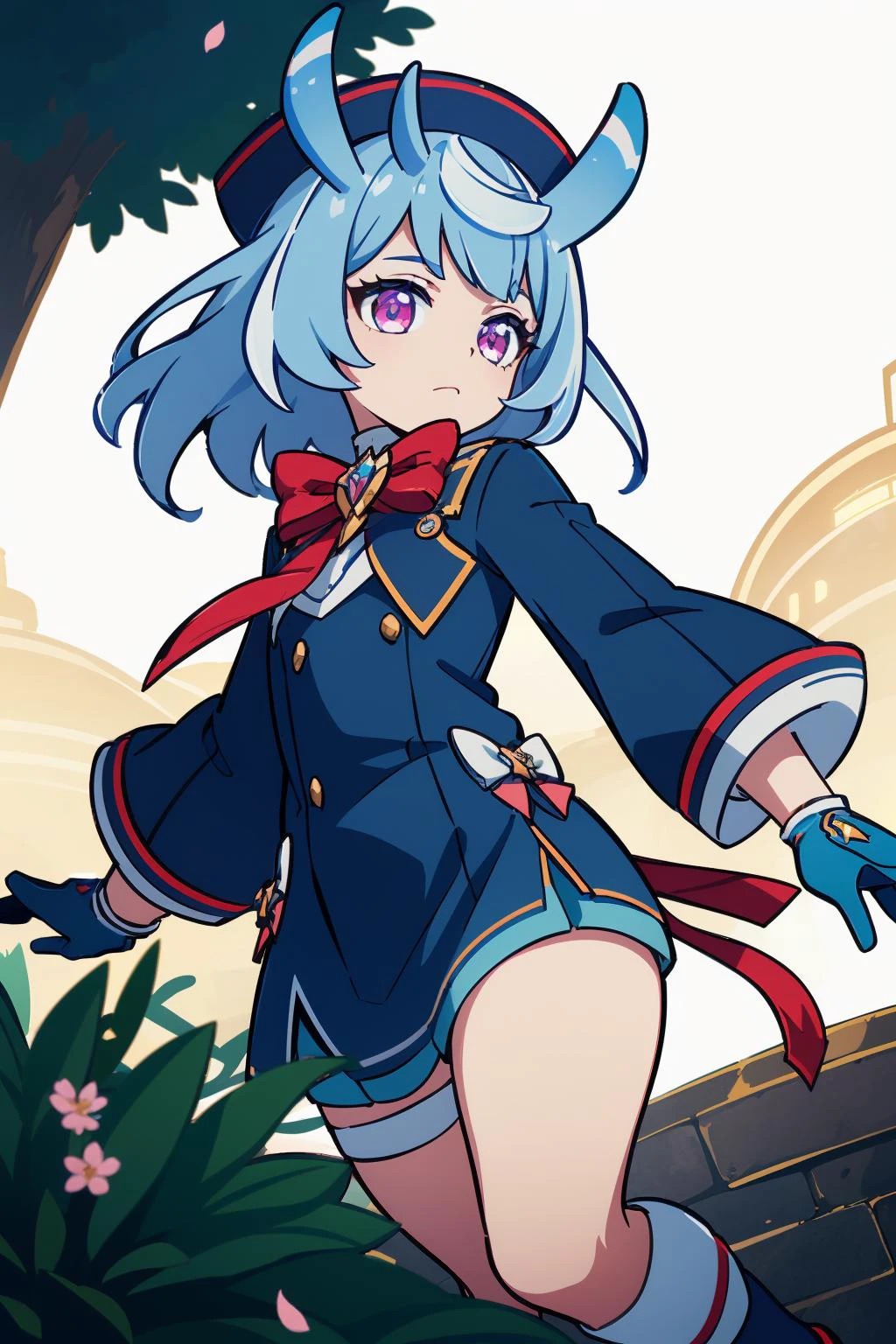 (2d:1.2), wide shot, (dynamic angle:1.1), outline, ((thick lineart)), cover, stylish, official art, (details:1.2), (fantasy), garden, (bloom:1.1), glow:0.2, shadow, nature, cherry blossoms, particles, (depth of field), sharp focus, (volumetric lighting), (bokeh:0.6), film grain:0.4,
<BRAKE> jumping, simple background,
<BRAKE>
, (soft lighting:1.1), mlzs, long sleeves, animal ears, short hair, bangs, blue hair, gloves, white gloves, hat, bow, red bow, (blue) shirt, (blue) jacket, looking at viewer <lora:Melusine_GI_10_01:0.8>