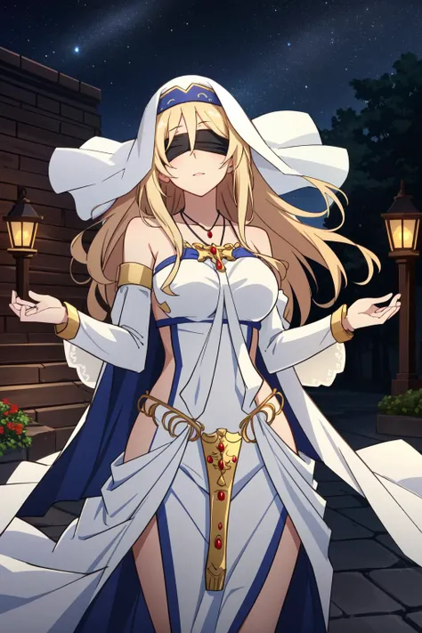 (masterpiece, best quality), intricate details,
1girl, <lora:sword_maiden-10:0.8> sword_maiden, long hair, large breasts, blindfold, dress, white dress, habit, jewelry, very long hair, black blindfold, necklace, bridal gauntlets, detached sleeves, gloves
outdoors, village, night time, starry sky, shrugging,