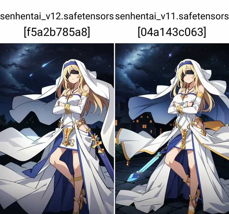 (masterpiece, best quality), intricate details,
1girl, <lora:sword_maiden-10:0.8> sword_maiden, long hair, large breasts, blindfold, dress, white dress, habit, jewelry, very long hair, black blindfold, necklace, bridal gauntlets, detached sleeves, gloves
outdoors, village, night time, starry sky,