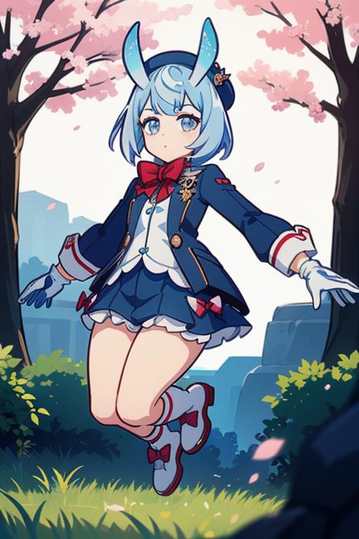 (2d:1.2), wide shot, (dynamic angle:1.1), outline, ((thick lineart)), cover, stylish, official art, (details:1.2), (fantasy), garden, (bloom:1.1), glow:0.2, shadow, nature, cherry blossoms, particles, (depth of field), sharp focus, (volumetric lighting), (bokeh:0.6), film grain:0.4,
<BRAKE> jumping, simple background,
<BRAKE>
, (soft lighting:1.1), mlzs, long sleeves, animal ears, short hair, bangs, blue hair, gloves, white gloves, hat, bow, red bow, (blue) shirt, (blue) jacket, looking at viewer <lora:Melusine_GI_10_01:0.8>