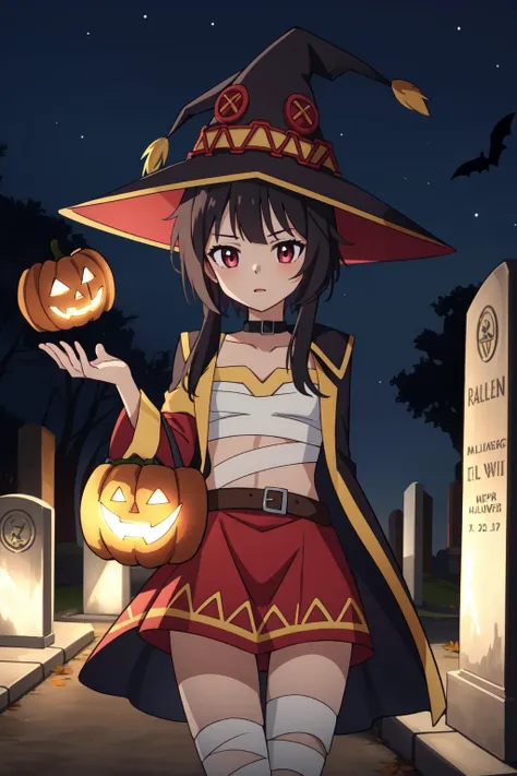 (masterpiece, best quality), intricate details,
1girl, <lora:megumin-10:0.8> megumin, short hair, hat, witch hat
<lora:mummy_costume:0.8> mummy costume, naked bandage, bandages, halloween costume
outdoors, night, graveyard,