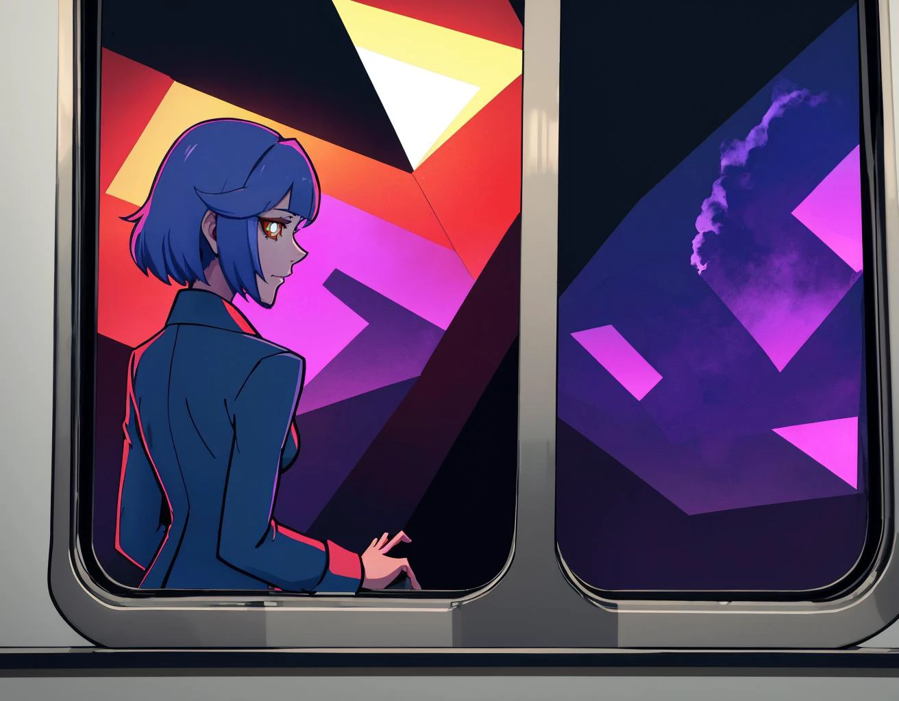 three cornered window, back of head shot of (woman looking out of triangle window:1.1), 3rd person, Looking out the triangular window of a (train:1.1) with triangular windows, triangular windows and triangular, wheels, in a fantasy world,
psychedelic, geometric, vivid light, high contrast, triadic colors, dark shadows, explosions, nuclear mushroom cloud, nuclear explosion, dystopian nightmare,
(beautiful composition),
21 yo woman,