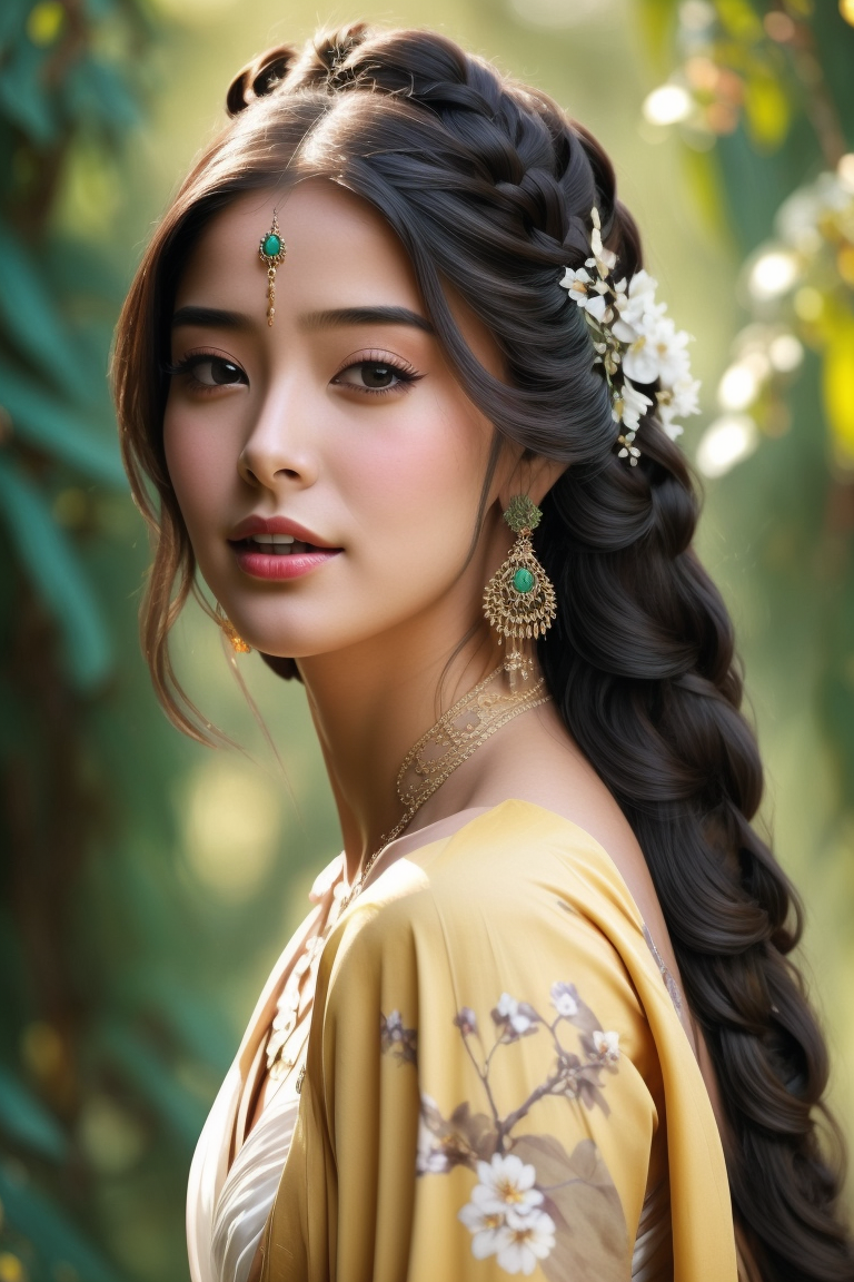A woman with long hair and a flower in her hair - SeaArt AI