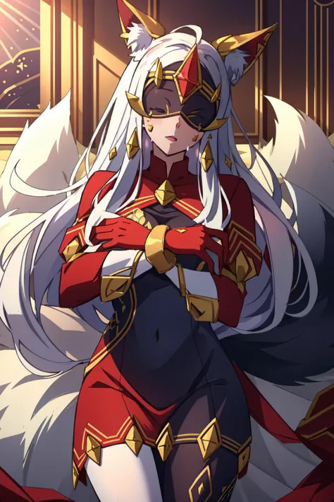 (masterpiece, best quality), intricate details,
1girl, <lora:AhriArcana:0.8> IncrsAhriArcana, fox tail, multiple tails, gloves, dress, mask, high heels, pantyhose
sweating
indoors, bedroom, bed, blindfold,