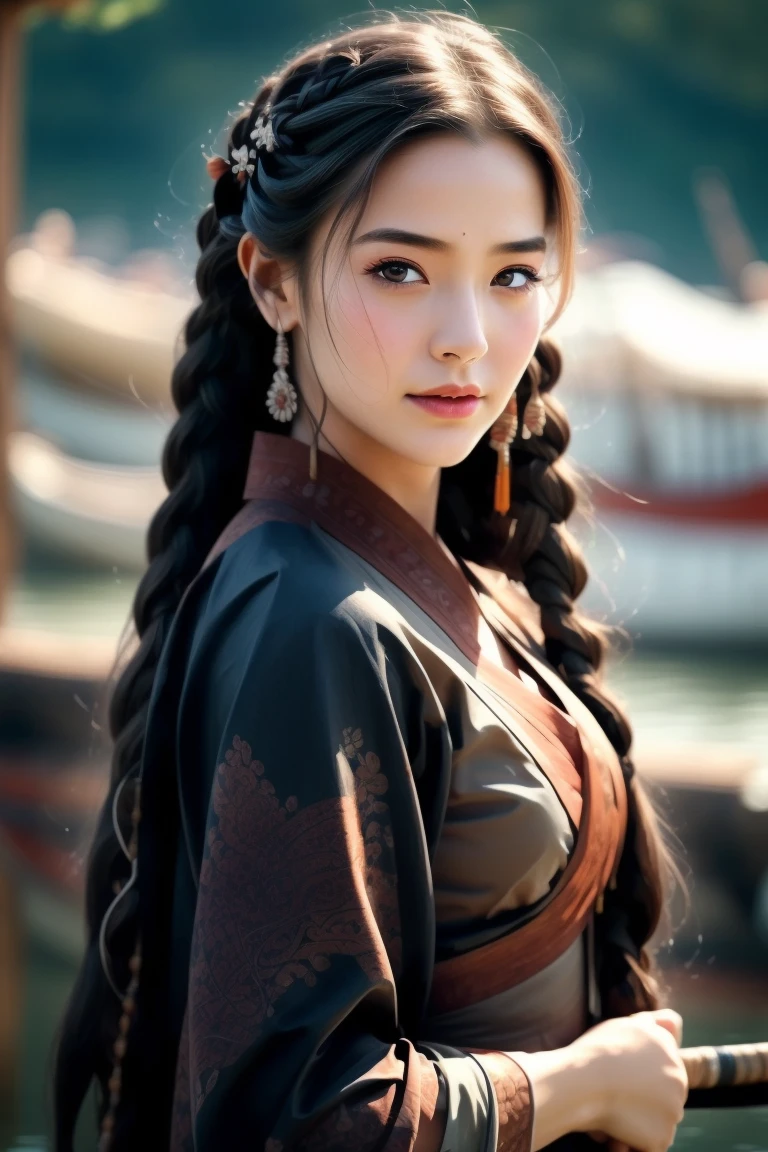 ((art by Daniela Uhlig )) ((small breasts, young girl , slender body, )) Rina, Uesugi Clan Spy: Rina is the spy of the Uesugi Clan, dressed in a stealthy blue kimono adorned with intricate patterns of dragons and tigers. Her long, flowing hair is a deep blue hue, styled in a series of braids that frame her serene face. Her eyes are a deep, ocean blue, and she wields a powerful blowgun called "The Tempest Breath," which fires darts imbued with sleep-inducing poisons. Furthermore, she wears a chameleon suit that allows her to blend in with her surroundings, making her an effective scout. , she grab a katana she grab katana, hold sword <lora:Chinese style_20230608155715-000010 (1):0.7> she is Surprised, Wide-open eyes, a raised brow, and an open mouth , dutch angle perfect body proportions, realistic skin details BREAK, ultrasharp, ultradetailed, perfect quality, masterpiece, intricated details, ultra clear, <lora:add_detail:0.7>, <hypernet:sxzBloom_sxzBloom:0.3>, wet skin , detailed skin, realistic skin marks , (( Ancient Viking shipyard with wooden longboats and traditional Viking tools background ))