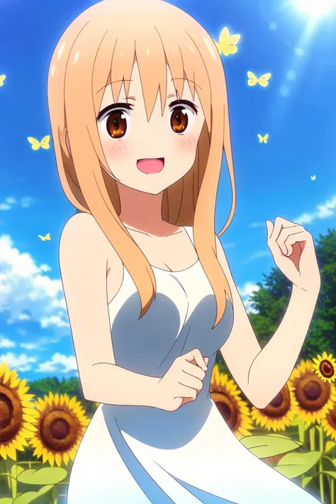 ((best quality)),((highly detailed)),masterpiece,absurdres,detailed face,beautiful face,(detailed eyes, deep eyes),1girl,((dynamic pose))  <lora:Umaru_Doma:0.8> umaru doma, blonde hair, brown eyes, white dress, cowboy shot, medium breast, standing, sunflower field, (sunflower in hand:1.4), (radiant sunlight:1.3), (flowing dress:1.3), (joyful expression:1.2), (butterflies dancing in the air:1.3), (endless sunflower fields:1.2)