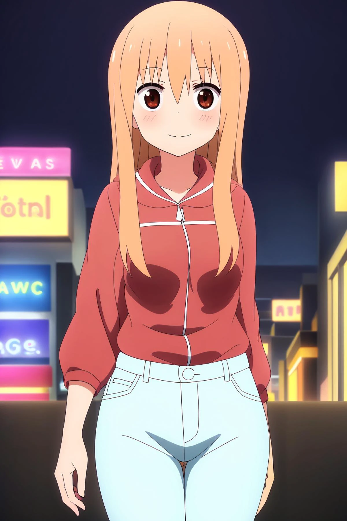 ((best quality)),((highly detailed)),masterpiece,absurdres,detailed face,beautiful face,(detailed eyes, deep eyes),1girl,((dynamic pose)) <lora:Umaru_Doma:0.8> umaru doma, blonde hair, brown eyes, cowboy shot ,jacket, walking, at night, (eyes looking away from the viewer:1.3, looking away from viewer:1.3), ripped jeans, waving, smile, nighttime, city streets, neon signs, crowd in background,
