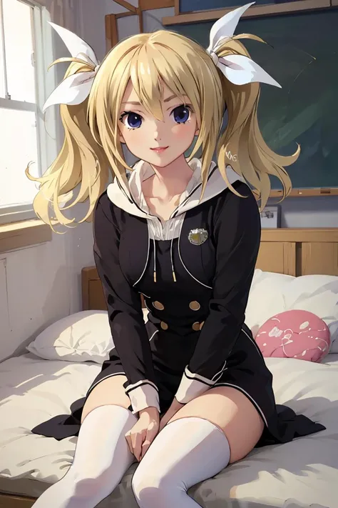 (masterpiece, best quality), 1girl, <lora:ArimuraTest1:1> Arimura, blonde hair, blue eyes, hair ribbon, white ribbon, school uniform, thighhighs, white thighhighs,
