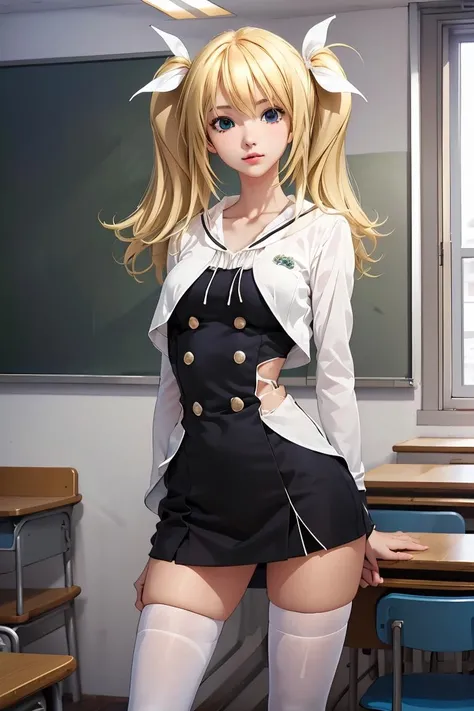 (masterpiece, best quality), 1girl, <lora:ArimuraNAI:1> Arimura, blonde hair, blue eyes, hair ribbon, white ribbon, school uniform, thighhighs, white thighhighs,