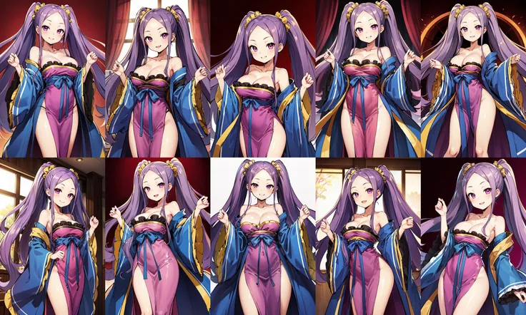 masterpiece, best quality, highres, wz1, twintails, large breasts, forehead, hanfu, wide sleeves, sash, bare shoulders, long sleeves, bow, purple dress, shawl, <lora:wu_zetian_(fate)_v1:0.7>, standing, cowboy shot, smile,