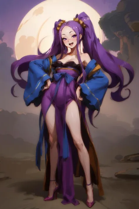 masterpiece, best quality, highres, wz1, twintails, large breasts, forehead, hanfu, wide sleeves, sash, bare shoulders, long sleeves, bow, purple dress, shawl, <lora:wu_zetian_(fate)_v1:0.7>, standing, cowboy shot, high heels, outdoors, hand on hip, smile, fang, open mouth, full body, peace sign,