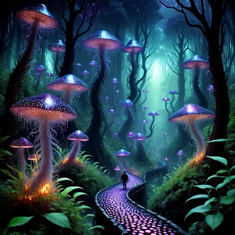 an exquisite picture of a group of explorers walking along an overgrown curving forest walk, very detailed, intricate, dw01-3400, warm colour palette