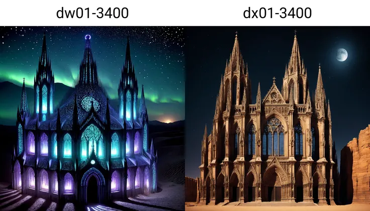 an analog realistic photograph of a magnificent Gothic cathedral in a desert at night, very detailed, intricate, dw01-3400