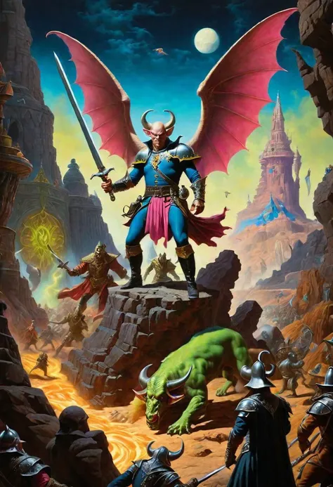 A hyperrealistic 8k photograph was captured by Sid Avery's Hasselblad camera, depicting close-up a handsome+ Tiefling shield bearer with pink++ skin and slender build during a battle+++, surrounded by goblins++, He has a bald head, neon yellow eyes, calm++ and handsome+ and detailed face, cold smile++, mysterious and ominous aura of dark shadows enveloping the figure, Lovecraftian Horror-themed, in the artistic style of Boris Vallejo, Shadows casting an uncanny atmosphere, hints of eldritch dark energy crackling, He is dressed in a musketeer outfit, high details and era-appropriate, He is wielding a magically radiating+ Backsword+ in the right hand, and he is holding a steel shield+++ in the left hand, the character has huge pink wings++, Backdrop (background) of a focused scene of a battle with goblins next to a crystal palace, Mysterious composition, imbued with a dark, ambient 3d warm studio backlight.