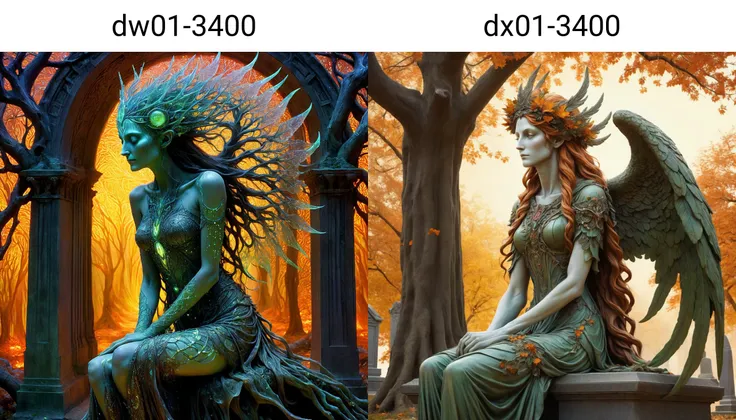 side view of a magnificent mature dryad sitting in an immaculate cemetery, incandescent angelic statues, swords of light, very detailed, intricate, warm colour palette, dw01-3400