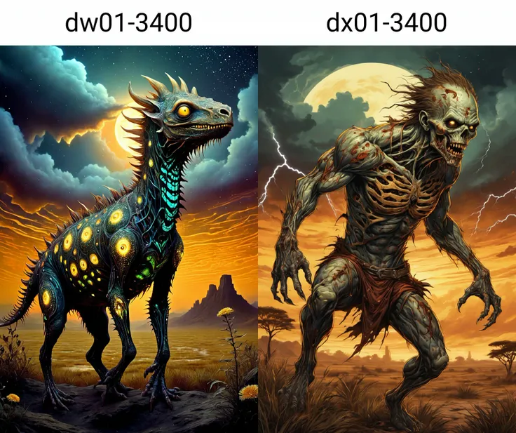 a magnificent male zombie jumping in a savannah, golden sky with lightning, very detailed, intricate, metallic colour palette, dw01-3400