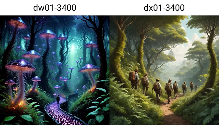 an exquisite picture of a group of explorers walking along an overgrown curving forest walk, very detailed, intricate, dw01-3400, warm colour palette