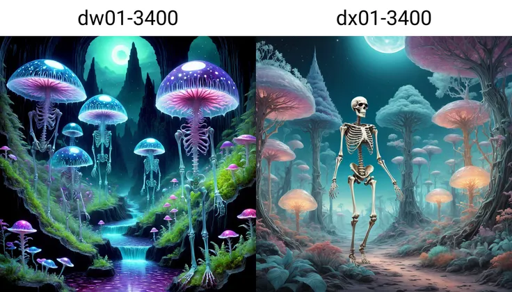 a magnificent mature dw01-3400 skeleton running in a alien landscape, illuminated glass trees, very detailed, intricate, pastel colour palette