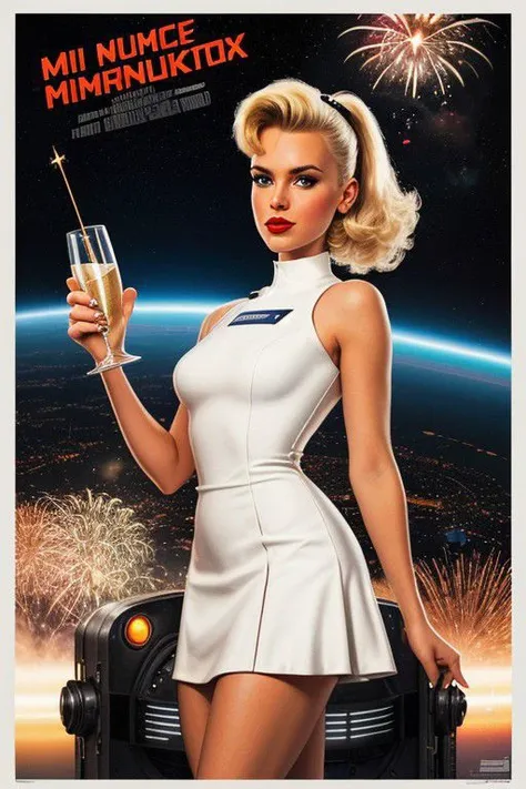 atompunkstylesd15, (movie poster:1.3), 90s, retro style female pinup, white futuristic dress with and extreme short skirt, dutch angle, (space station:1.1) and fireworks:0.5 in the background , holding a glass of champagne, the words "FUCK YOU"