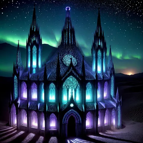an analog realistic photograph of a magnificent Gothic cathedral in a desert at night, very detailed, intricate, dw01-3400