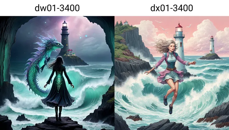 a magnificent mature female android jumping in a rocky island, lighthouse, huge waves, very detailed, intricate, dw01-3400, pastel colour palette