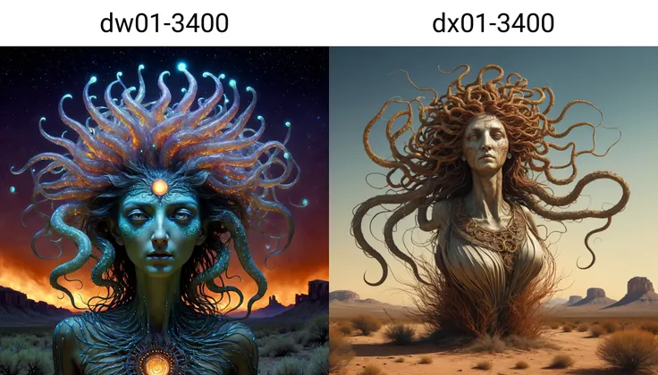 side view of a magnificent medusa jumping in a Wild West landscape, incandescent natural tumbleweeds, very detailed, intricate, Greek colour palette, dw01-3400