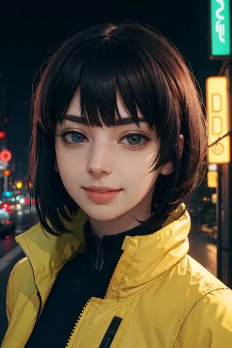 looking at viewer, (portrait, close up:1.2), smiling at viewer, parted lips,
spherehunter, 1girl, lips, short black hair, blunt end bangs, brown eyes, glowing cybereyes, cybernetic implants,
high collar yellow jacket, cyberpunk, detailed cybernetics, 
outside, night time, neon lighting, future, city, 
realism, ultra-realistic, hot volumetric lighting, subsurface scattering,  picturesque,
<lora:sphere-hunter-v7:0.8>