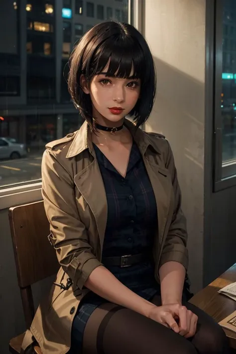 looking at viewer, (portrait, upperbody:1.2)
spherehunter, 1girl, lips, short black hair, blunt end bangs, brown eyes, red lips, 
black choker, layered clothing, felt brown plaid trench-coat, open jacket, dress shirt, skirt, see-through black tights, glistening skin, sitting in cafe, 
raining outside, bustling city visible through window, night life, 
realism, ultra-realistic, warm volumetric lighting, subsurface scattering,  picturesque,
<lora:sphere-hunter-v7:0.8>