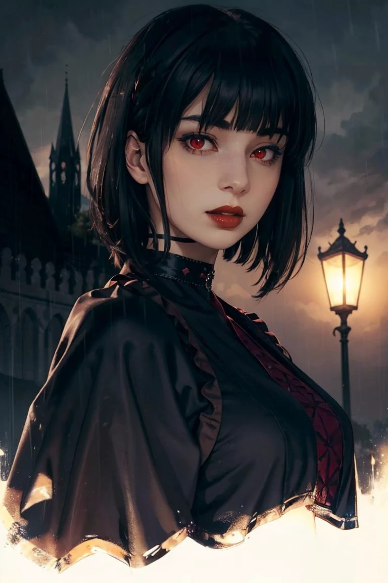 three-quarters view, looking at viewer, (portrait, close up:1.2), parted lips,
spherehunter, 1girl, lips, short black hair, blunt end bangs, red eyes, red lips,
black choker, frills, black clothing, jewerly, intricate detailed dress, goth, vampire baroness, royalty, high collar, robes,
raining outside, night time, gothic, gothic castle, intricate detailed stone walls,
realism, ultra-realistic, warm volumetric lighting, subsurface scattering, picturesque,
<lora:sphere-hunter-v7:0.8>