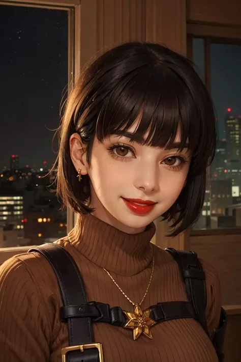 smiling at viewer, (portrait, close up:1.2)
spherehunter, 1girl, lips, short black hair, blunt end bangs, brown eyes, red lips, red ribbed sweater dress, gold jewelry, gun holster straps, military gear,
realistic, picturesque, indoors, night time, city skyline, japan,
 <lora:sphere-hunter-v7:0.8>