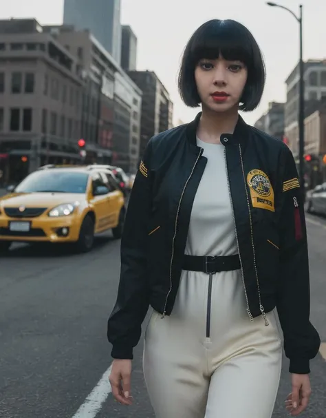(sfw), a RAW photo of a woman, spherehunter, bobcut, black hair, blunt bangs, brown eyes, lips, red lips, medium breasts, walking, yellow tech jacket, outdoors, city, bustling, full body, <lora:sphere-hunter:0.8>, (natural skin texture, hyperrealism, sharp, detailed skin), HDR, UHD 8K, full detail, film grain, photorealistic, 8K, UHD, DSLR, (cinematic:1.2), film overley, <lora:Heavy_grain:0.35>, <lora:LowRA:0.5>