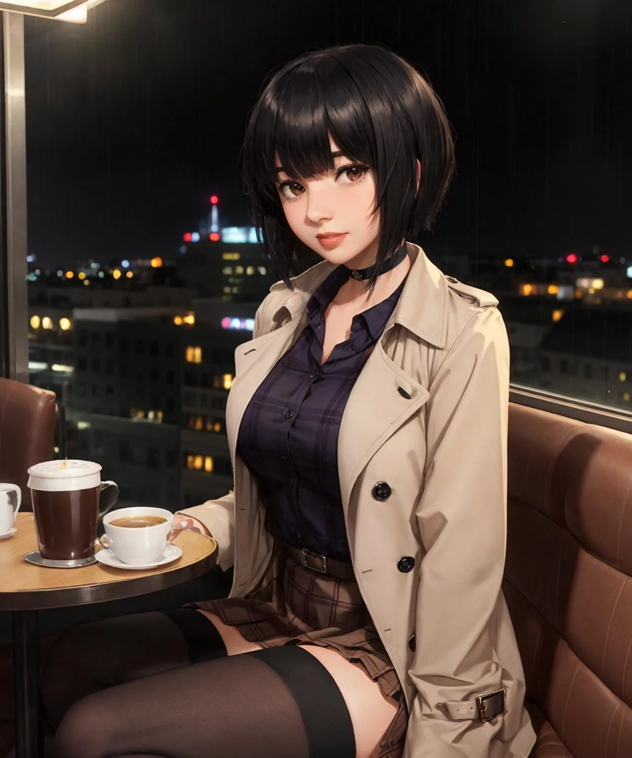 female focus, portrait, parted lips,
1girl, spherehunter, bobcut, black hair, blunt bangs, brown eyes, lips, red lips, blush, medium breasts, choker, layered clothing, felt brown plaid trench-coat, open jacket, dress shirt, skirt, tights,
glistening skin,
sitting in cafe, raining outside, bustling city visible through window, night life,
ultra-realistic, warm volumetric lighting, subsurface scattering,
<lora:sphere-hunter-06:0.75>