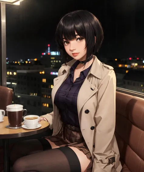 female focus, portrait, parted lips, 
1girl, spherehunter, bobcut, black hair, blunt bangs, brown eyes, lips, red lips,  blush, medium breasts, choker, layered clothing, felt brown plaid trench-coat, open jacket, dress shirt, skirt, tights, 
glistening skin,
sitting in cafe, raining outside, bustling city visible through window, night life,
ultra-realistic, warm volumetric lighting, subsurface scattering, 
<lora:sphere-hunter-06:0.75>