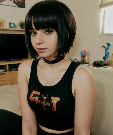 female focus, headshot, close-up portrait, parted lips, looking at viewer,
1girl, spherehunter, bobcut, black hair, blunt bangs, brown eyes, lips, red lips,  blush, medium breasts, choker, loose print shirt, street-wear black sweatpants, 
glistening skin, indoors, sitting on couch, lounging, game room, video game consoles in background
ultra-realistic, warm volumetric lighting, subsurface scattering, backlighting,
<lora:sphere-hunter-06:0.75>