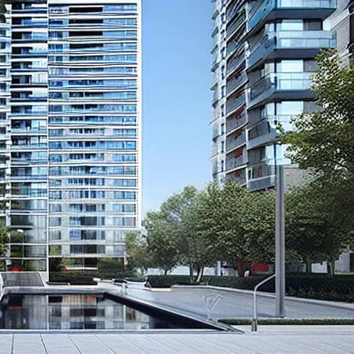 a photo of residence, high rise towers ,Modern style, day view, high-rise, clean lines, glass crown