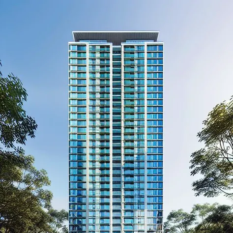 a photo of residence, high rise towers ,Modern style, day view, high-rise, clean lines, glass crown