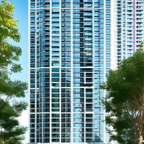 a photo of residence, high rise towers ,Modern style, day view, high-rise, clean lines, glass crown