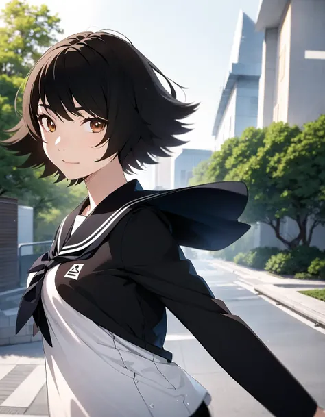 masterpiece, best quality, 1girl, hide arm on back, (Haru) <lora:Haru:1>, park, short hair, black hair, brown eyes, detailed eyes, outdoors, solo, tomboy, intricate details, 1lady, medium breasts, detailed elegant girl, dynamic pose, looking at viewer, school uniform, sailor uniform, blue sailor collar