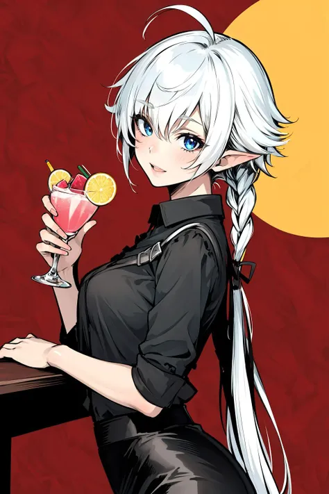 masterpiece, best quality, 1girl, alisaie, single braid, hair ribbon, black shirt, pencil skirt, cocktail, bar <lora:alisaie-nvwls-v1-000012:0.8>
