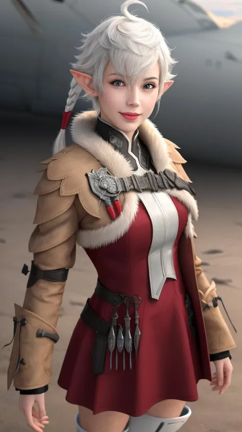 <lora:alisaie-nvwls-v1-final:1> alisaie, 1girl, single braid, hair ribbon, brown jacket, red dress, fur trim, belt, thigh boots, (masterpiece, best quality:1.4), (modern days), sfw, stunning girlfriend, heart shaped face, elegant face, beautiful face, highly detailed face, highly detailed skin, skin pores, subsurface scattering, realistic pupils, medium breast, loving smile, looking at viewer, full face blush, full lips, detailed background, depth of field, atmospheric perspective, volumetric lighting, sharp focus, absurdres, realistic proportions, good anatomy, (realistic, hyperrealistic:1.4), 16k hdr, full body