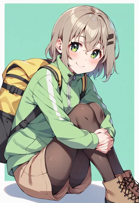 score_9, score_8_up, score_7_up, best quality, masterpiece, source_anime BREAK
yukimura aoi, 1girl, solo, hair ornament, smile, hairclip, green eyes, bag, looking at viewer, grey hair, short hair, backpack, blush, sitting, boots, green jacket, hugging own legs, pantyhose, shoe soles, black footwear, simple background, closed mouth, long sleeves, yellow jacket, shorts, hair between eyes, pants, medium hair, green background, white background, zipper, track jacket, brown hair, brown skirt, black legwear, two-tone background, brown legwear, own hands together, leg up, knee up, brown footwear, legwear under shorts <lora:yukimura_aoi_sdxl_locon_pony_v1:0.7>