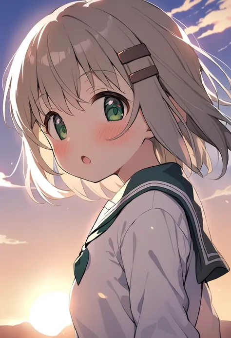 1girl, yukimura aoi, solo, school uniform, green eyes, short hair, brown hair, blush, lens flare, serafuku, looking at viewer, upper body, sunset, hair ornament, sky, open mouth, long sleeves, :o, parted lips, outdoors, grey hair, from side, cloud, eyebrows visible through hair, hair ribbon, sun, bangs , masterpiece, best quality <lora:yukimura_aoi_sdxl_locon_ani_v1:0.7>