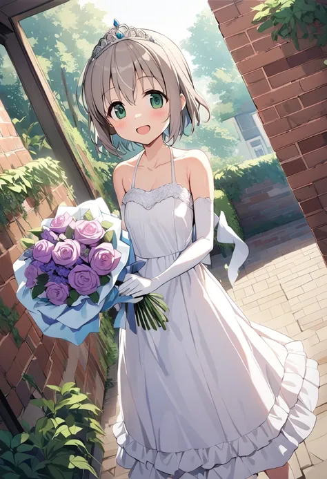 1girl, yukimura aoi, 1girl, solo, green eyes, short hair, white dress, blush, looking at viewer, tiara, open mouth, elbow gloves, grey hair, bare shoulders, silver hair, smile, eyebrows visible through hair, wedding dress, white gloves, hair between eyes, detached sleeves, standing, sleeveless dress, outdoors, collarbone, frills, brick wall, bouquet, rose, purple flower, frilled dress, dutch angle, day, plant, door, sunlight, sundress, masterpiece, best quality <lora:yukimura_aoi_sdxl_locon_ani_v1:0.7>