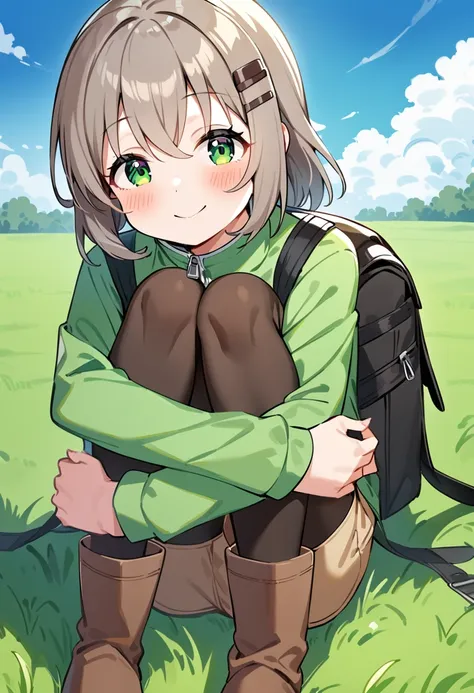 masterpiece, best quality, very aesthetic, absurdres, 1girl, yukimura aoi, solo, hair ornament, smile, hairclip, green eyes, bag, looking at viewer, grey hair, short hair, backpack, blush, sitting, boots, green jacket, hugging own legs, pantyhose, black footwear, closed mouth, long sleeves, yellow jacket, shorts, hair between eyes, pants, medium hair, zipper, track jacket, brown hair, brown skirt, black legwear, brown legwear, own hands together, brown footwear, legwear under shorts, field, grass, blue sky, cloud <lora:yukimura_aoi_sdxl_locon_ani31_v1:0.7>