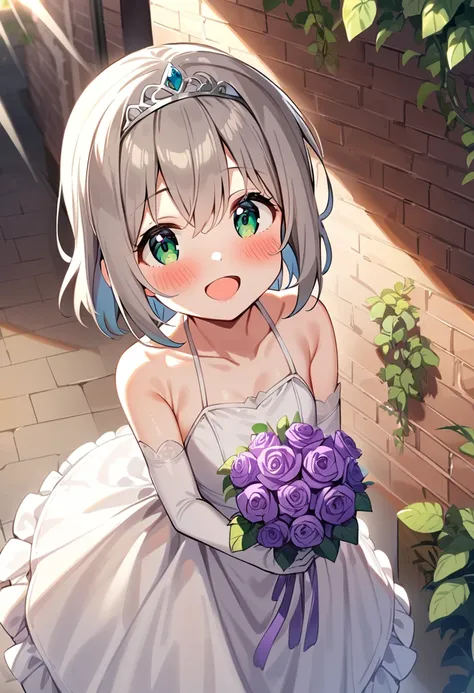 masterpiece, best quality, very aesthetic, absurdres, 1girl, yukimura aoi, 1girl, solo, green eyes, short hair, white dress, blush, looking at viewer, tiara, open mouth, elbow gloves, grey hair, bare shoulders, silver hair, smile, eyebrows visible through hair, wedding dress, white gloves, hair between eyes, detached sleeves, standing, sleeveless dress, outdoors, collarbone, frills, brick wall, bouquet, rose, purple flower, frilled dress, dutch angle, day, plant, sunlight, sundress <lora:yukimura_aoi_sdxl_locon_ani31_v1:0.7>