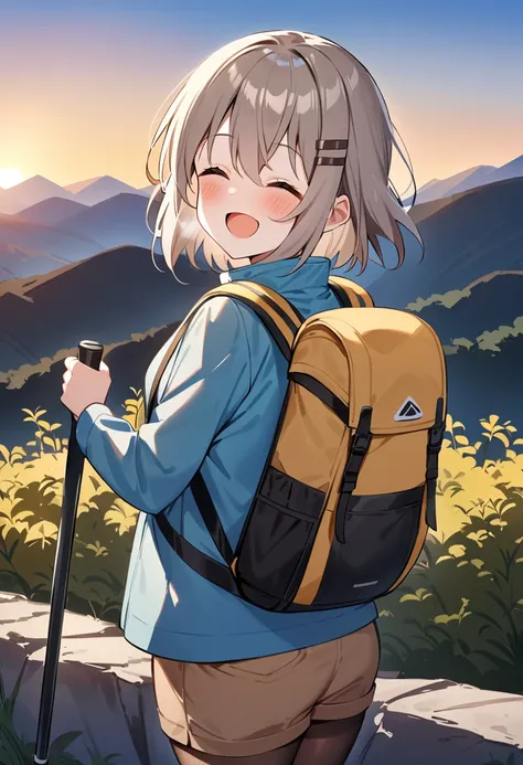 masterpiece, best quality, very aesthetic, absurdres, 1girl, yukimura aoi, solo, hair ornament, closed eyes, backpack, open mouth, hairclip, smile, short hair, :d, ^_^, holding hiking pole, eyebrows visible through hair, outdoors, long sleeves, sky, brown hair, facing viewer, cloud, grey hair, from behind, brown pants, shorts, pantyhose, head tilt, sunrise, blush, hair between eyes, upper body, looking back, hiking pole, cowboy shot, standing, silver hair, mountainous horizon, breath, brown shorts, zipper, day, shirt, shoulder bag, blue jacket, backlighting, holding cane, looking at viewer <lora:yukimura_aoi_sdxl_locon_ani31_v1:0.7>