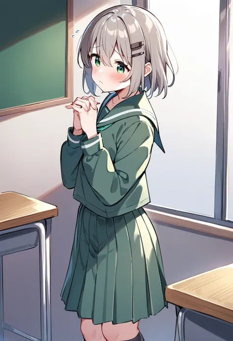 masterpiece, best quality, very aesthetic, absurdres, 1girl, yukimura aoi, solo, green eyes, hair ornament, hairclip, school uniform, pleated skirt, long sleeves, serafuku, flying sweatdrops, own hands together, blush, grey hair, green skirt, eyebrows visible through hair, black legwear, hair between eyes, short hair, closed mouth, (standing:1.2), green sailor collar, socks, feet out of frame, green serafuku, kneehighs, green shirt, own hands clasped, grey legwear, grey skirt, looking away, hands up, grey sailor collar, looking at viewer, looking to the side, grey shirt, interlocked fingers, knees together feet apart, classroom, school desk, school chair, window, chalkboard <lora:yukimura_aoi_sdxl_locon_ani31_v1:0.7>