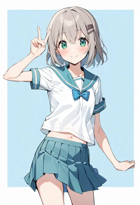 1girl, yukimura aoi, solo, smile, school uniform, hair ornament, hairclip, serafuku, blue skirt, short sleeves, v, looking at viewer, white shirt, grey hair, blue background, blush, short hair, green eyes, blue sailor collar, closed mouth, simple background, eyebrows visible through hair, hair between eyes, border, cowboy shot, arm up, midriff peek, two-tone background, w, blue bow, white border, blue neckwear, hand up, pleated skirt, white background, standing, bowtie, clenched hand, outside border, aqua eyes, medium hair, aqua sailor collar, arm at side, masterpiece, best quality  <lora:yukimura_aoi_sdxl_locon_ani_v1:0.7>