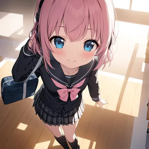 one girl in a black sailor uniform,a school bag weighs on shoulder,school,classroom,school bag, 1girl, solo, smile, blush, makeup,headphones, pink hair, hair bow, pink bow, blue eyes , small waist, short stature,small breast , small in stature, skirt, miniskirt plaid skirt, pleated skirt,black knee-high, black Over the Knee, black knee-high socks, best quality, (extremely detailed CG unity 8k wallpaper, masterpiece, best quality, ultra-detailed, best shadow,dramatic lighting,ultra realistic), (detailed In background:1.4), High contrast, <lora:Kaidan_SDXL_V2:1> <lora:animemix_v3_offset:1> <lora:yukimura_aoi_sdxl_locon_ani31_v1:1>